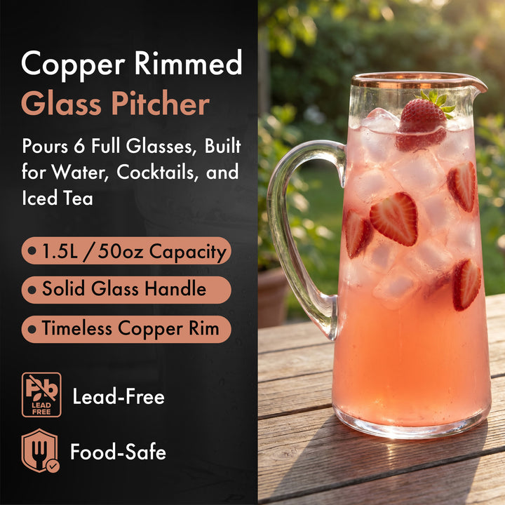 Copper Rimmed Glass Pitcher