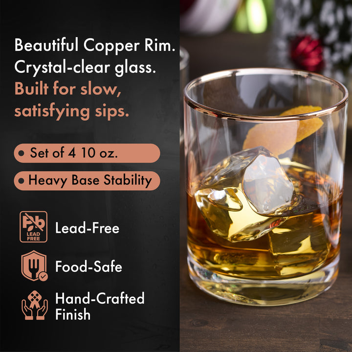 Copper Rimmed Old Fashioned (Lowball) Glass - Set of Four
