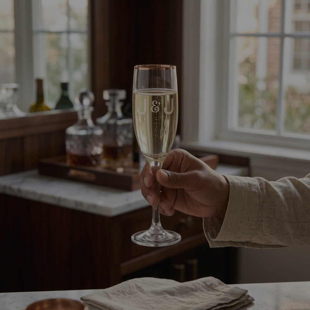 Hand holding a  personalized glass of champagne with bubbles in a cozy room.