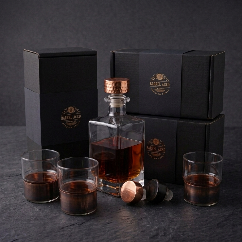 Barrel Aged Trading Co. Signature Whiskey Decanter Gift Set with 4 Glasses