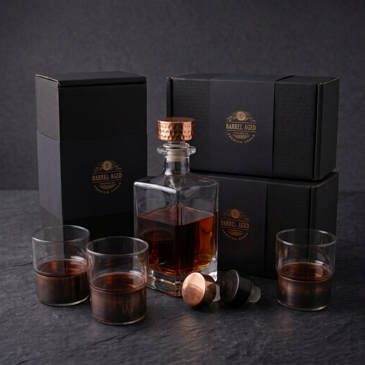 Barrel Aged Trading Co. Signature Whiskey Decanter Gift Set with 4 Glasses